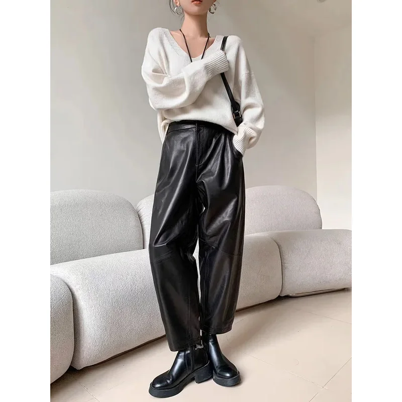Simlpe Fashion Harem Pants Women's Sheepskin Leather Spring Autumn Brown Loose Wide Leg Trousers Ankle-Length Pants Ladies