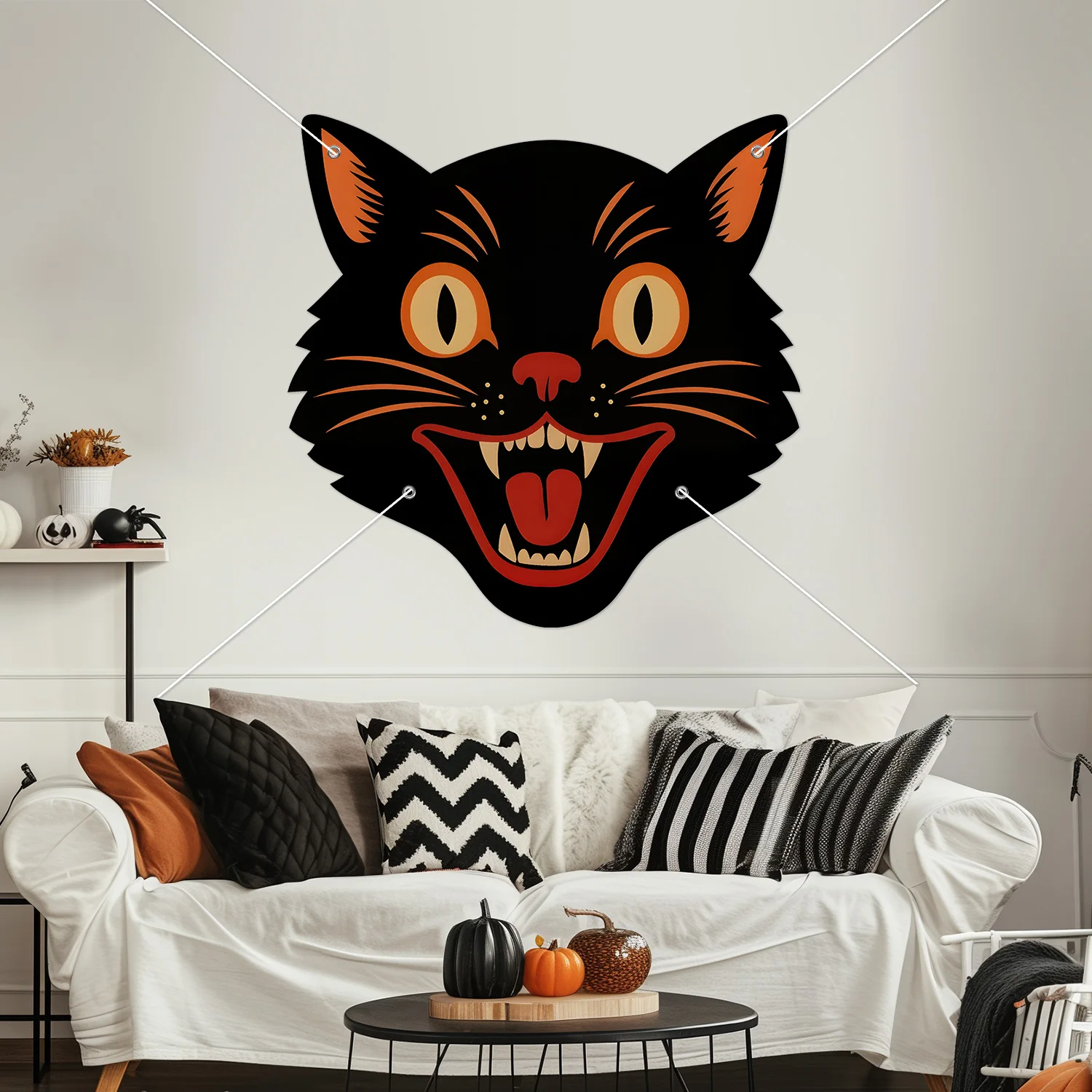 Vintage Halloween Schwarze Katze Türbanner Horror Hängendes Veranda-Schild Hintergrund für Spukhaus-Party Fotokulisse Dekoration – Detail 5