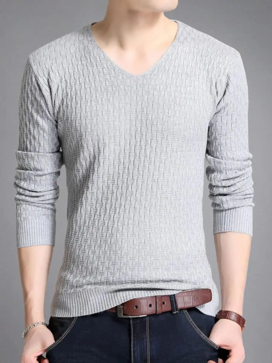 

Мужской тонкий трикотажный базовый слой на весну-осень, однотонный, с V-образным вырезом, модный, облегающий, больших и малых размеров