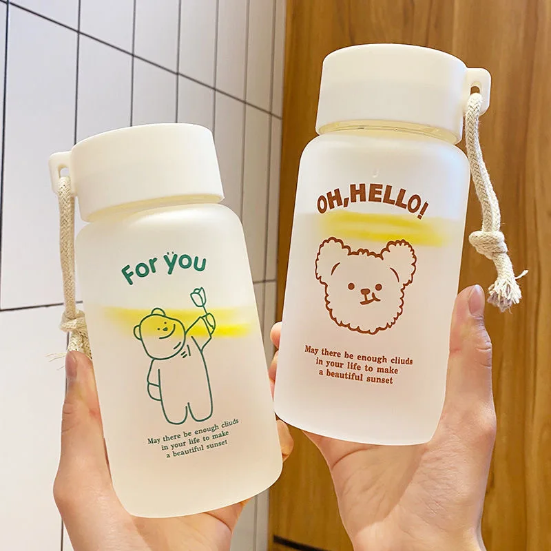 450ML Cute Bear Transparent Water Bottles BPA Free Frosted Water Bottle with Portable Rope Outdoor Travel Sports Water Bottle