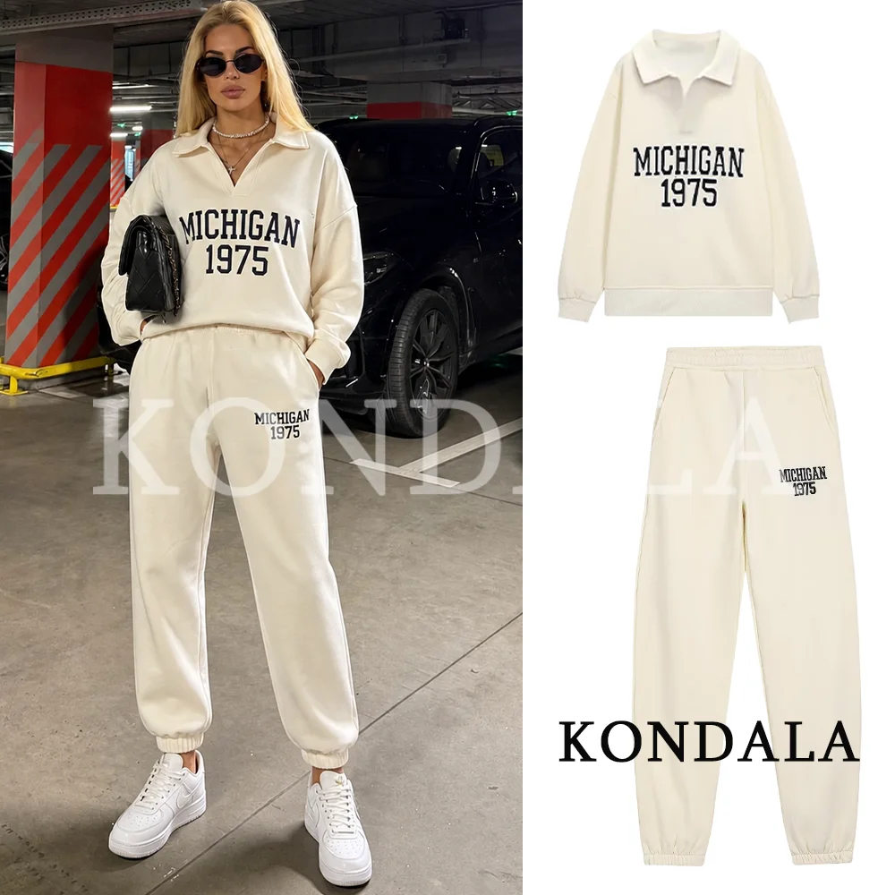 KONDALA Damen Casual Chic Buchstaben-Stickerei Hosenanzug V-Ausschnitt Sweatshirt, Hosen mit elastischem Bund 2026 Herbst Trendiges Elegantes Sportset