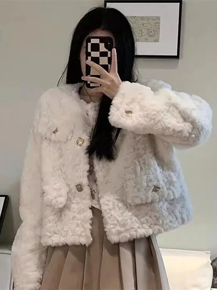 Women Faux Lamb Fur Jacket Winter Short Sweet Furry Fluffy Coat