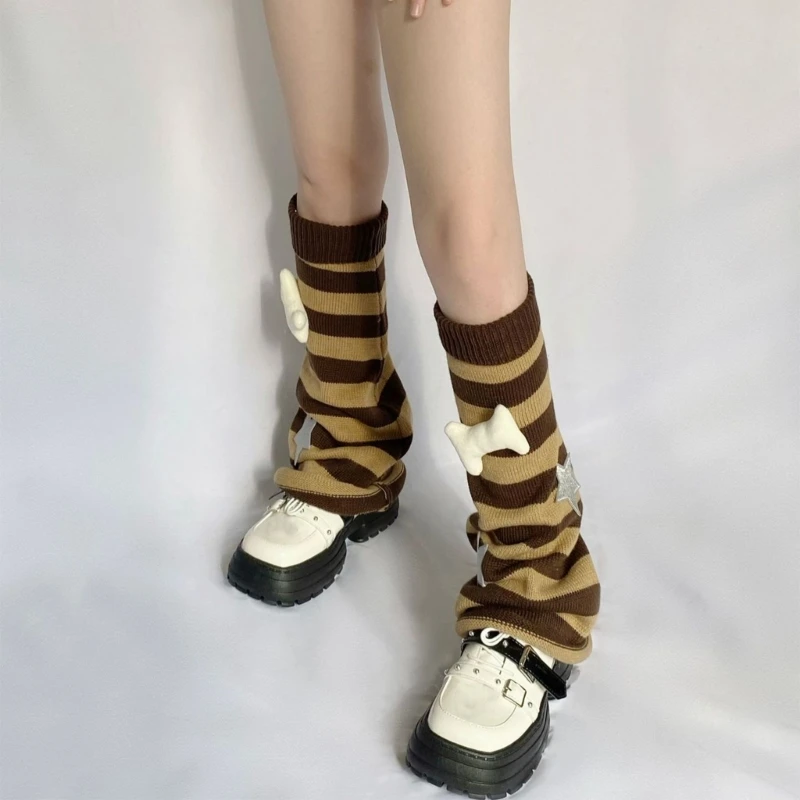 Lovely Long Sock Women Leg Warmer Knitted Stripe Pattern Daily Leg Cover