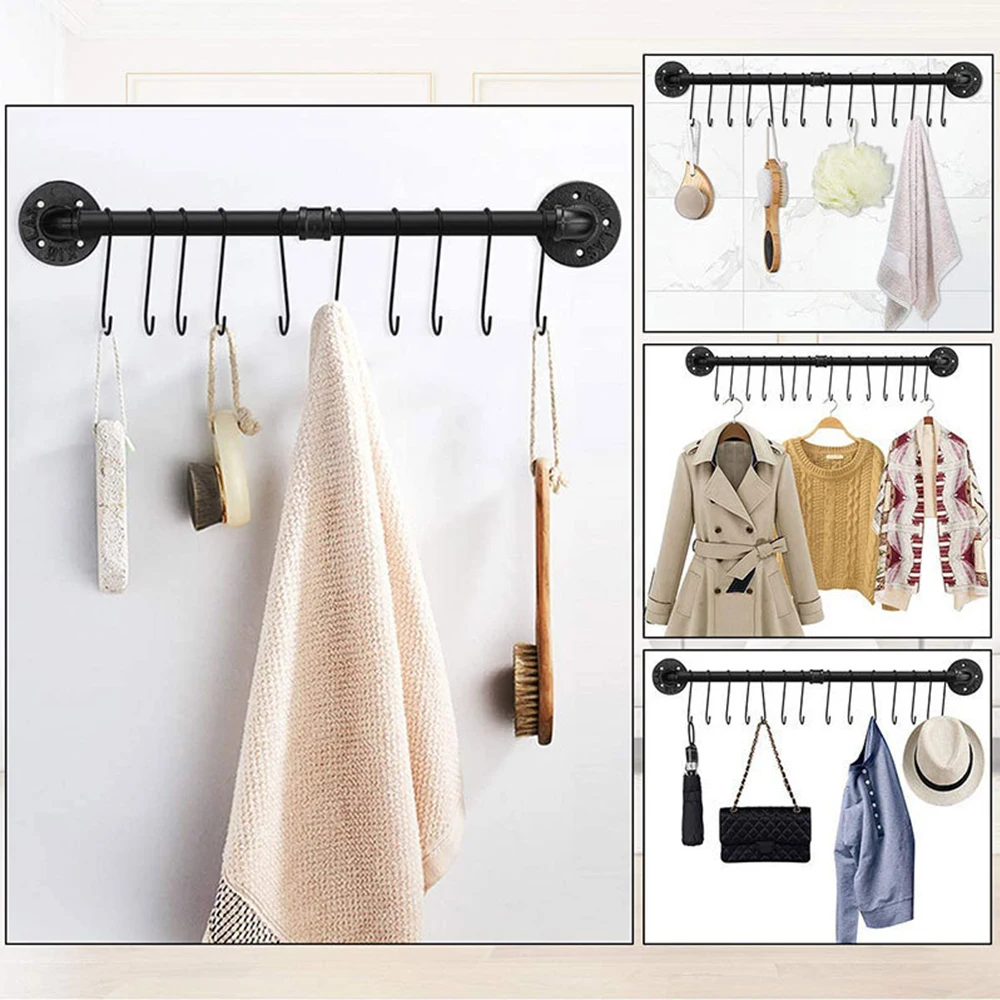 Wall Mounted Storage Rack with 10 Hooks Pan Pot Lid Shovel Spoon Organizer Hanging Iron Rack Kitchen Utensils