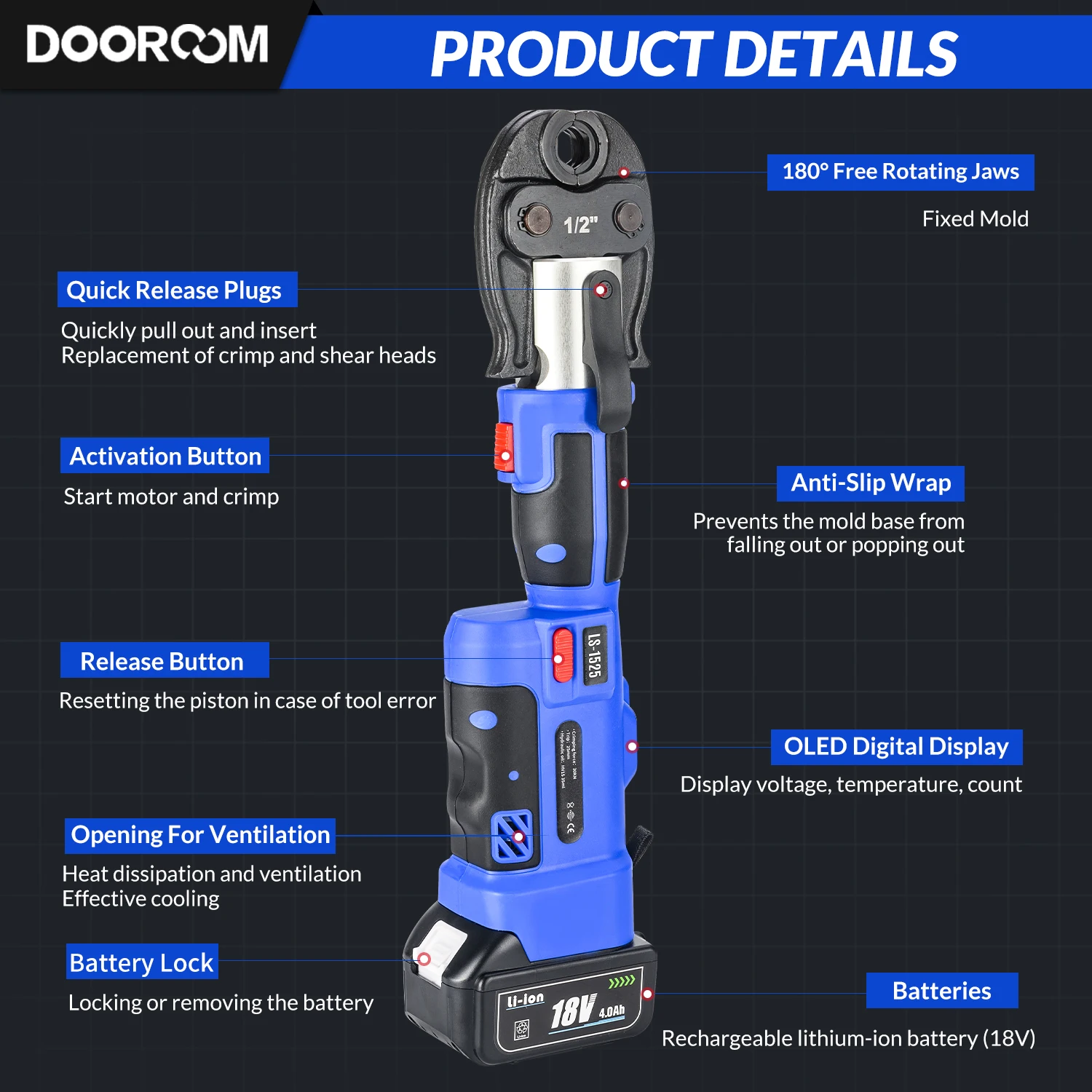 LS-1525 Pipe Crimping Tool Kit Electric Rechargeable Copper Stainless Steel Pipe Fitting Hydraulic Crimper Pliers