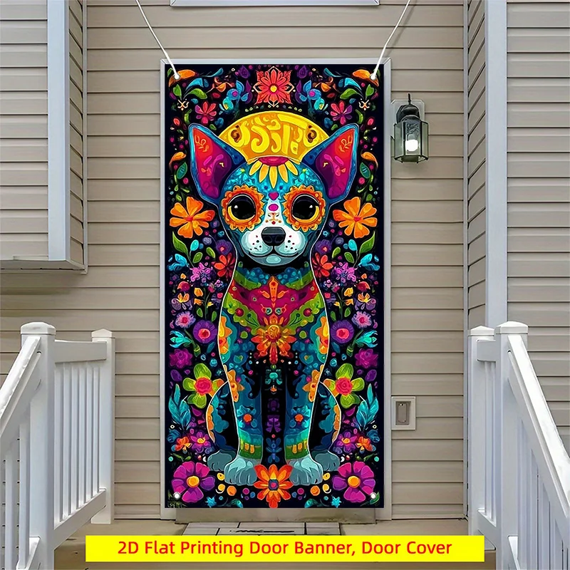 2D flat banner - Day of the Dead door decoration: Colorful Mexican folk art skull dog