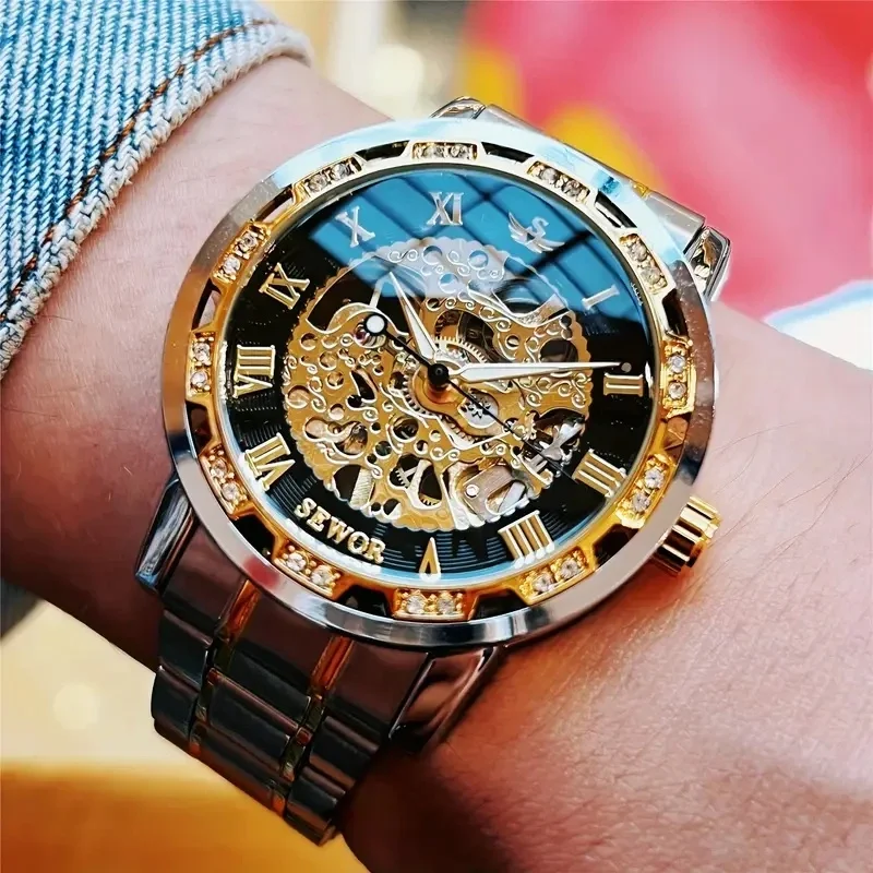 

Роскошные мужские механические часы - винтажный циферблат со скелетом, римские цифры, ремешок из нержавеющей стали, без батареи - деловой повседневный стиль, подходит для повседневной одежды, вечеринок, подарков на День святого Валентина и день рождения, 