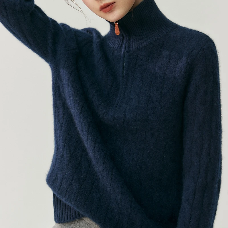 

ANGEL 2025 Women Half-Zipper Pullovers 100% Cashmere Sweater Thick Simple Casual Style Cashmere Knitwear Autumn Winter New Tops