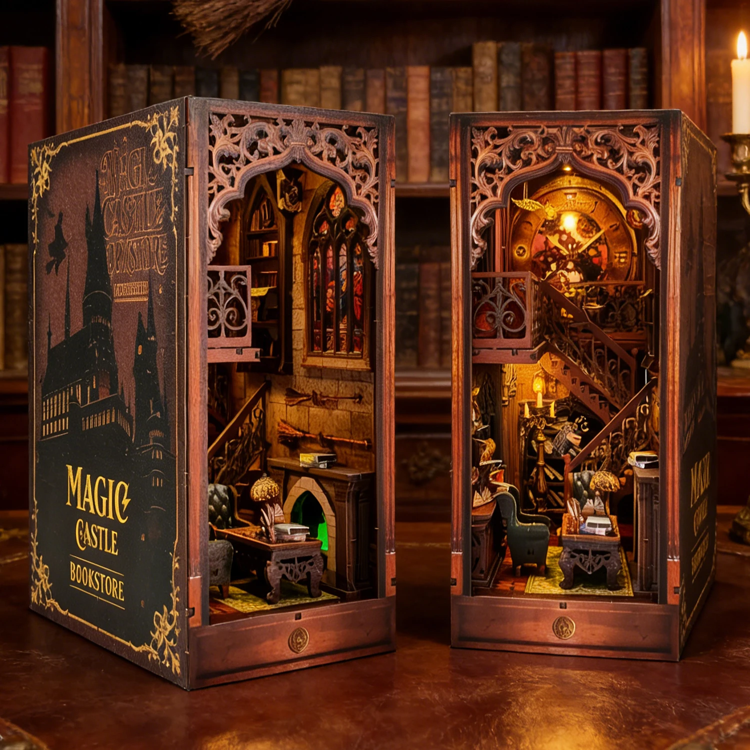 

DIY Wooden Magic Library Book Nook Shelf Insert Kits Miniature Model Kit With Lights Bookend for Friends Birthday Gifts