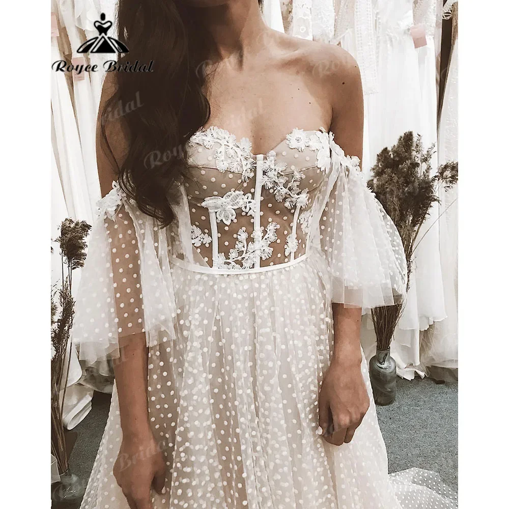 Princess Beach Polka Dotted Tulle สาย Boho ผู้หญิงงานแต่งงาน Gowns สั้นหมวก Sweetheart vestido de noiva Princesa