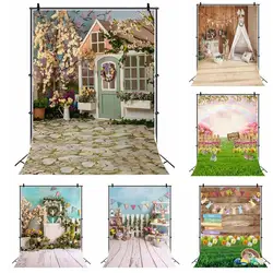 Happy Easter Photography Backdrop Spring Natural Landscape Green Grass Flowers Rabbit Eggs Kids Birthday Party Decor Background