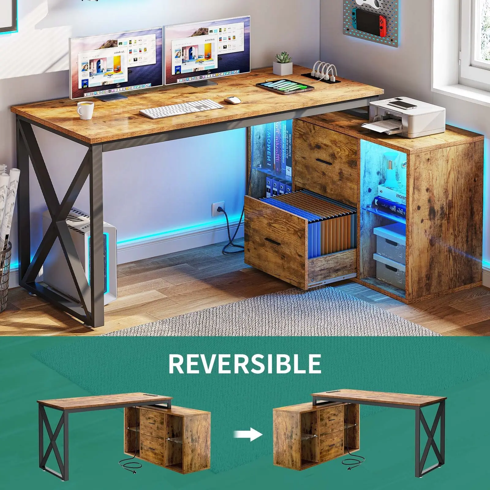 

L Shaped Desk Corner Office Desk with Power Outlets & LED Lights