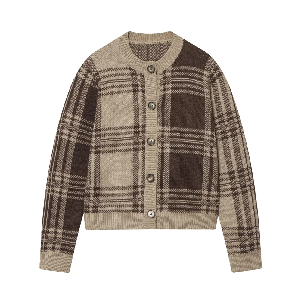 

Autumn new women's sweet and loose round neck long sleeved single breasted checkered knitted cardigan jacket
