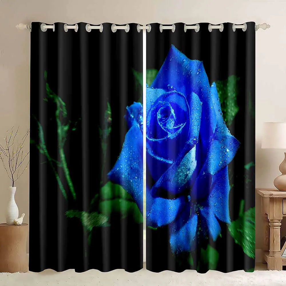 Teal Rose Curtain,Blue Rose Floral Raindrops Art Window Drapes,Blackout Thermal Insulated Curtains for Living Room Bedroom Decor