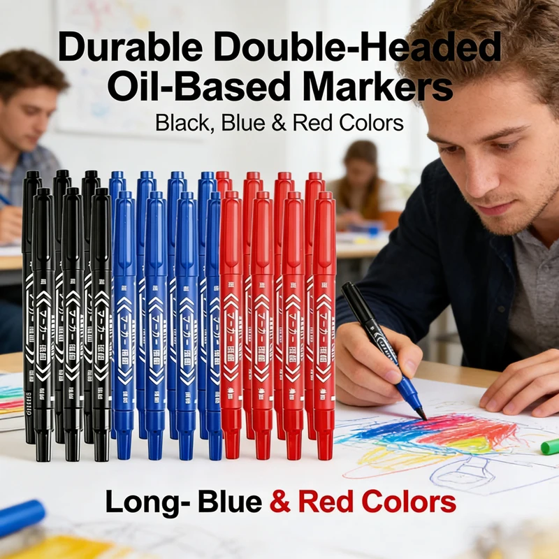 100/3Pcs Dual Tip Permanent Markers, Black Blue Red Oil-Based Pens, Waterproof for Office School Art Stationery