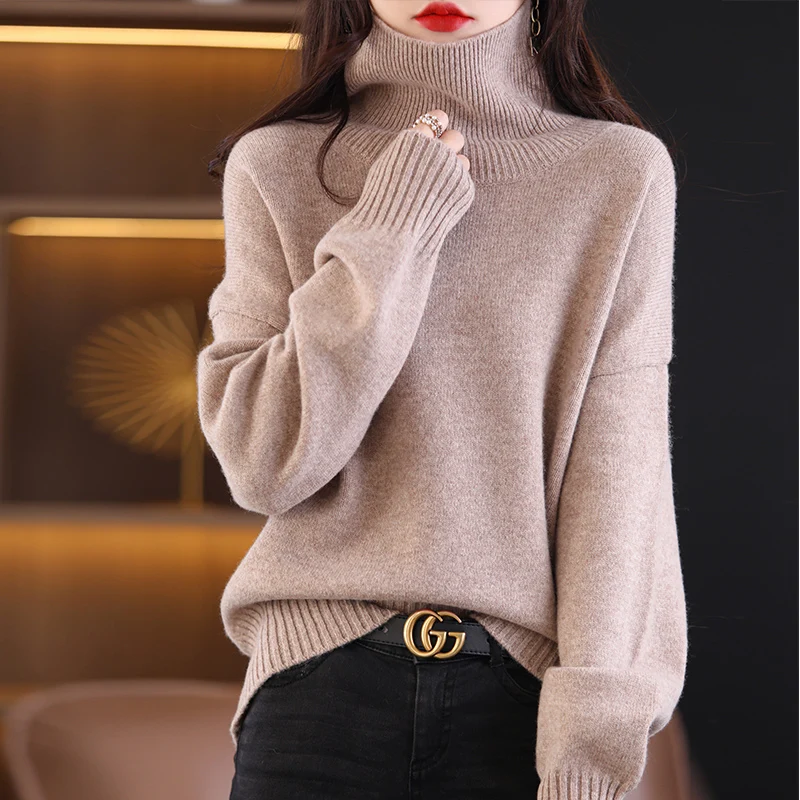 Drop Shoulder Sleeve Wool Cashmere Sweater High Collar Sweater Women Loose Thick Autumn And Winter New Warm Large Yards Jumper