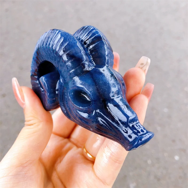 Natural Blue Aventurine Devil's Horn Skull Crystal Healing Hand-carveda Statue For Home Decor Fengshui Gift 1pcs