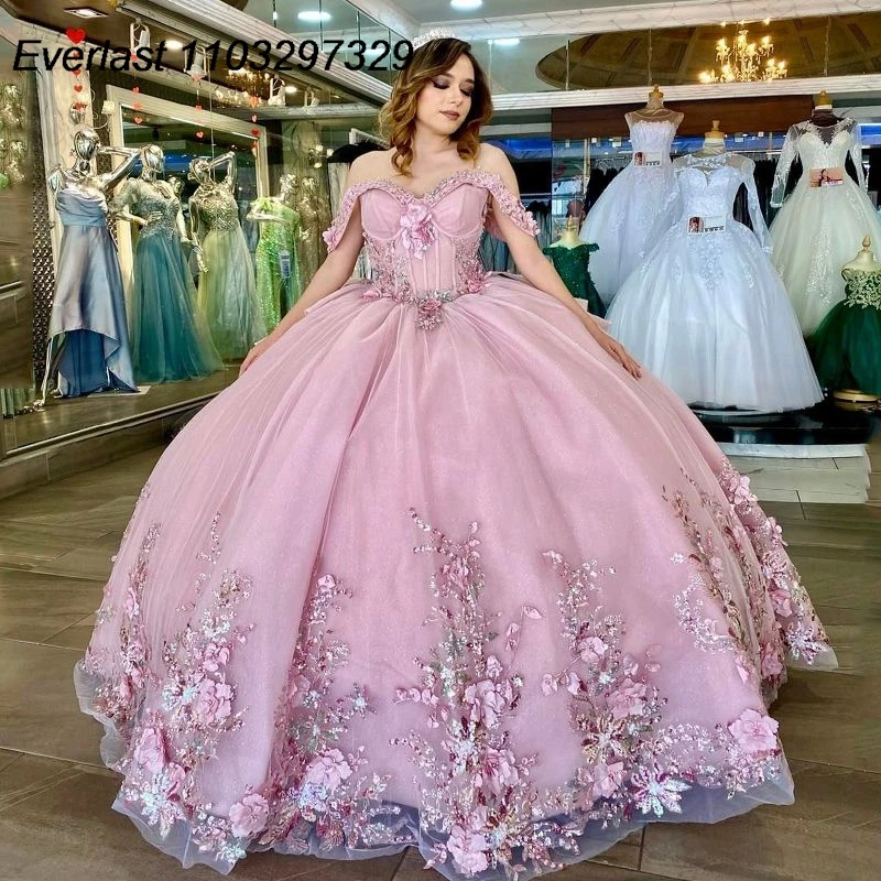 EVLAST abito Quinceanera rosa abito da ballo 3D Applique floreale perline corsetto manica staccabile dolce 16 Vestido De 15 Anos TQD600