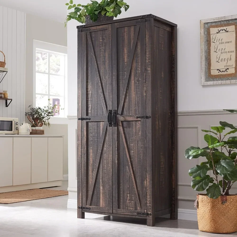 

Storage Cabinet, 32'' Farmhouse Armoire w/Adjustable Shelves, Rustic Pantry w/2 Barn Doors & Hanging Rod.