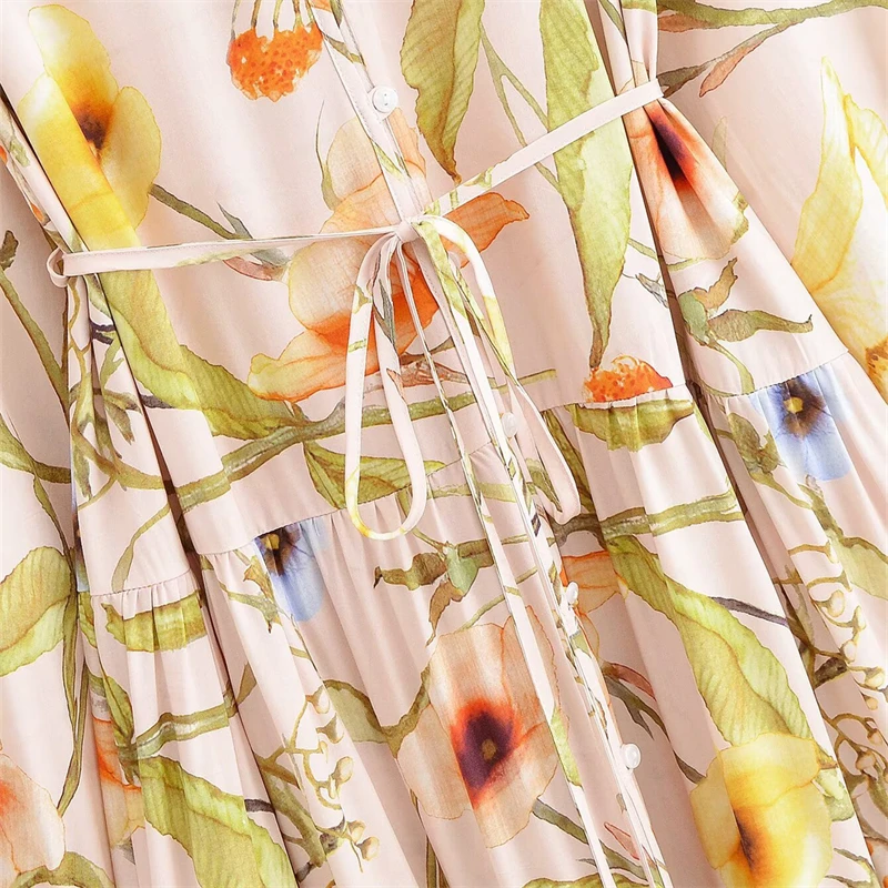 Keyanketian 2025 primavera/outono novo estilo pastoral flor impressão midi vestido rendas até único breasted vestido de viscose em camadas feminino