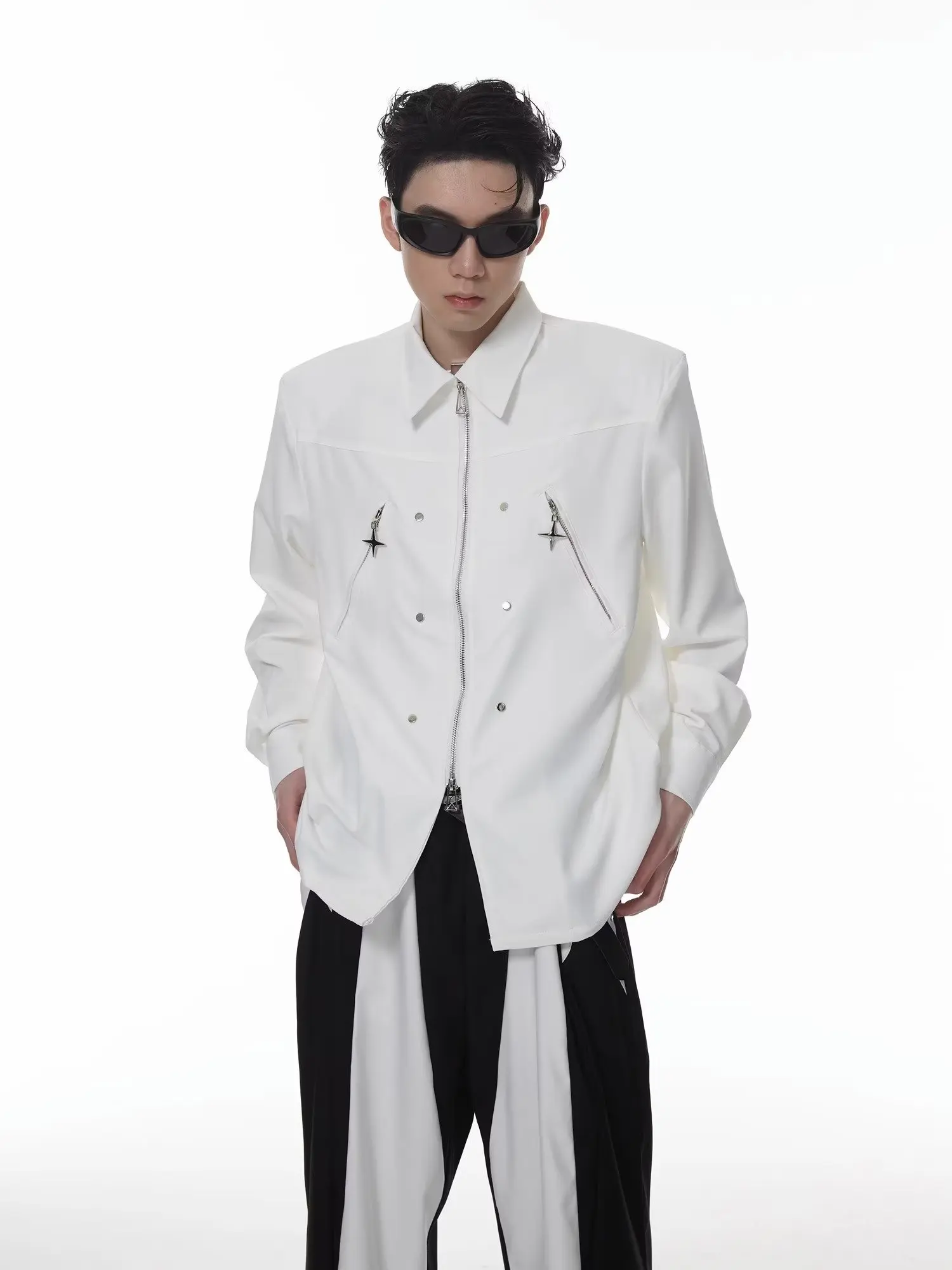

Men's Loose Long Sve irt Metal Design Casual Sle Zipper Deconstruction Autumn Faion Square Collar M Faion