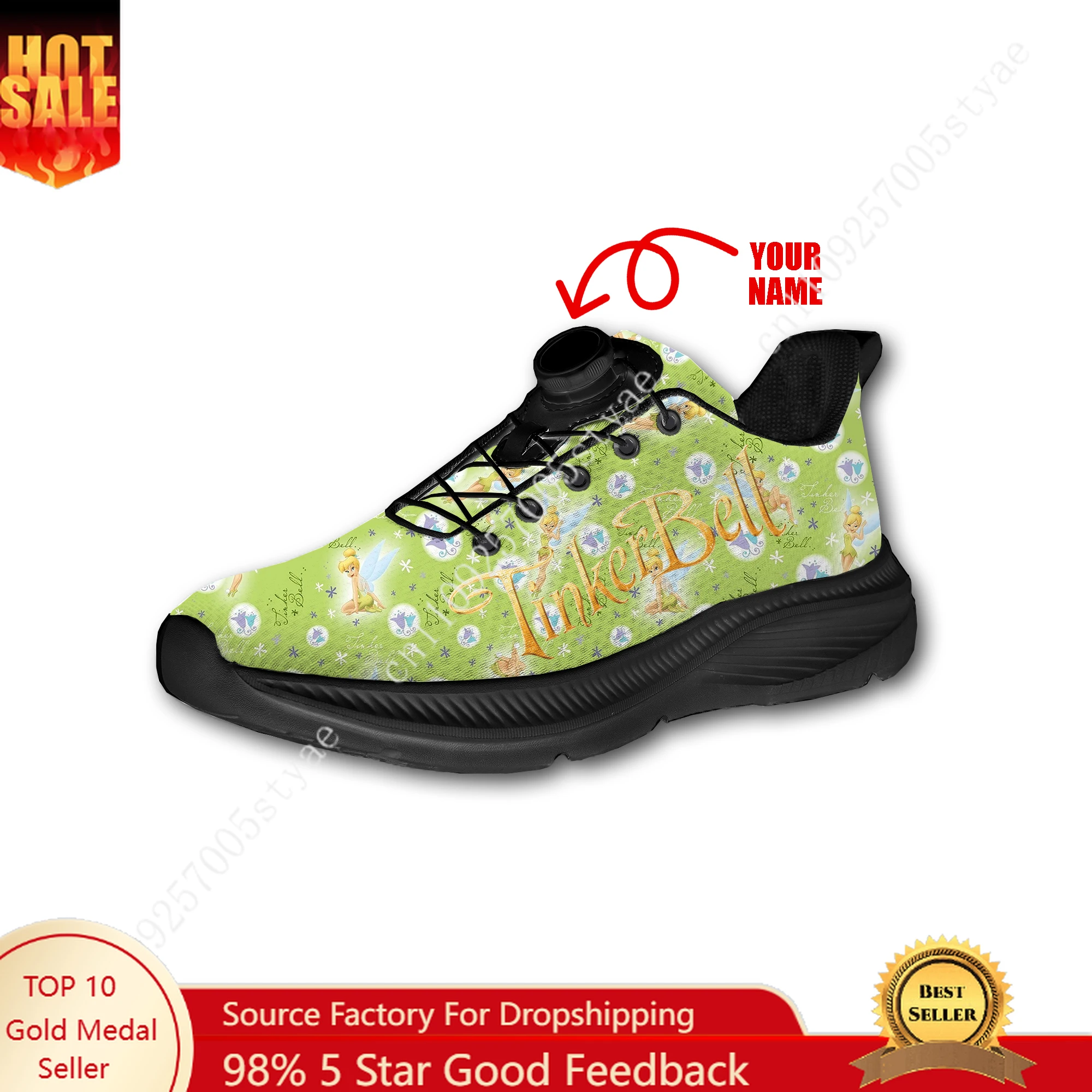 

Disney Tinker Bell Sports Shoes Man Woman Rotating Button Without Laces Sneakers Outdoor Sports Breathable Light Custom Shoe