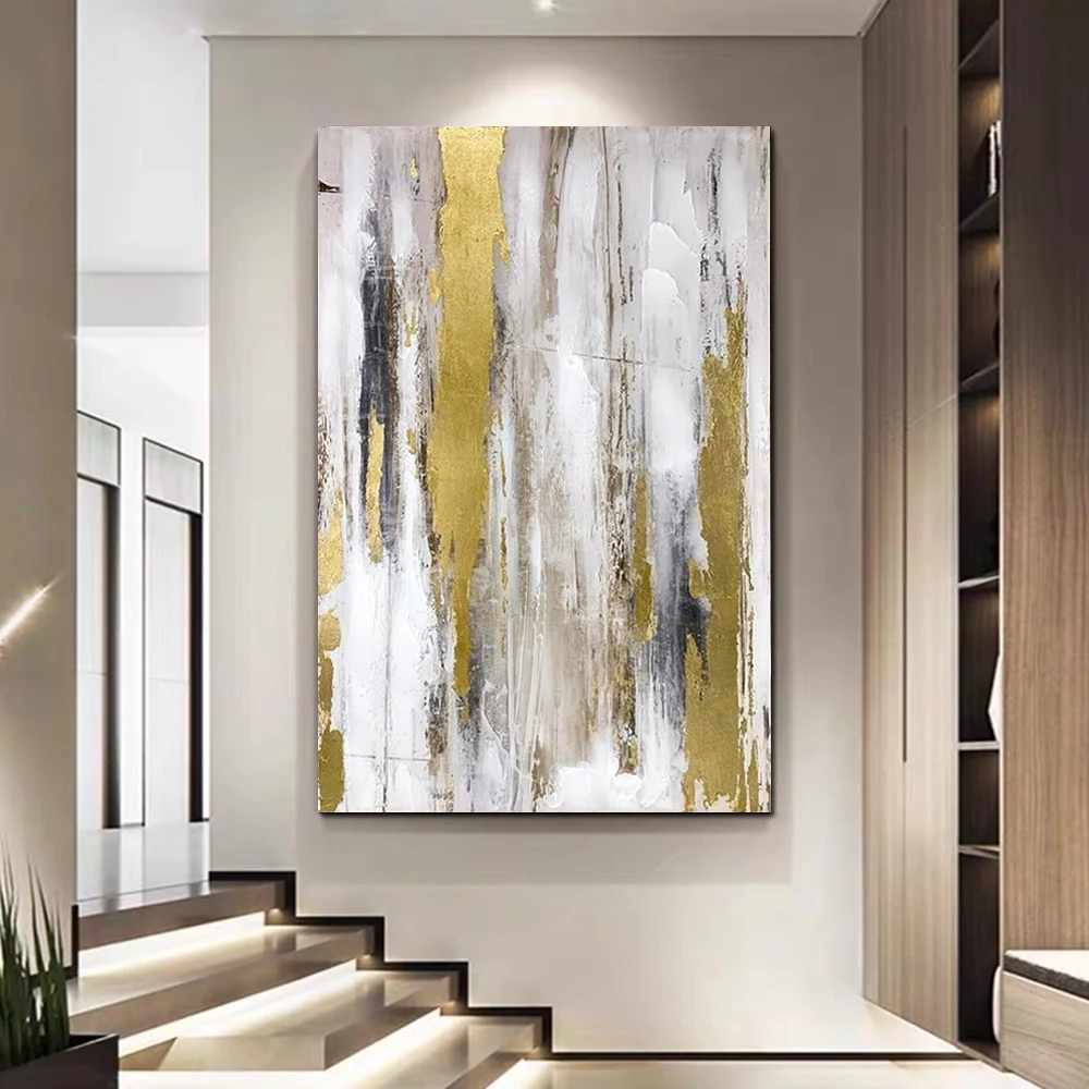 

Abstract Grey and White Oil Painting Textured Gold Foil Painting On Canvas Hand Painted Minimalist Wall Art for Home Room Decor