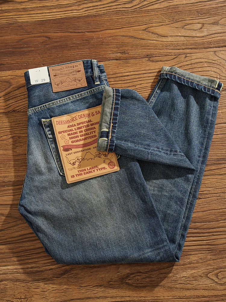 Jeans denim Selv da uomo autunno inverno gamba dritta casual pantaloni lunghi retrò con baffi vintage di grandi dimensioni