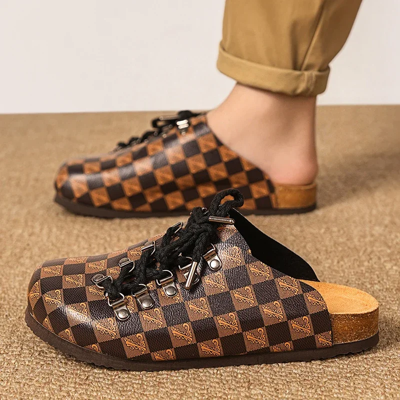 Genuine Leather Luxury Rivet Laces Retro Cork Clogs Fashion Slippers For Men Women Mules Arch Support Couple Classic Beach Shoes