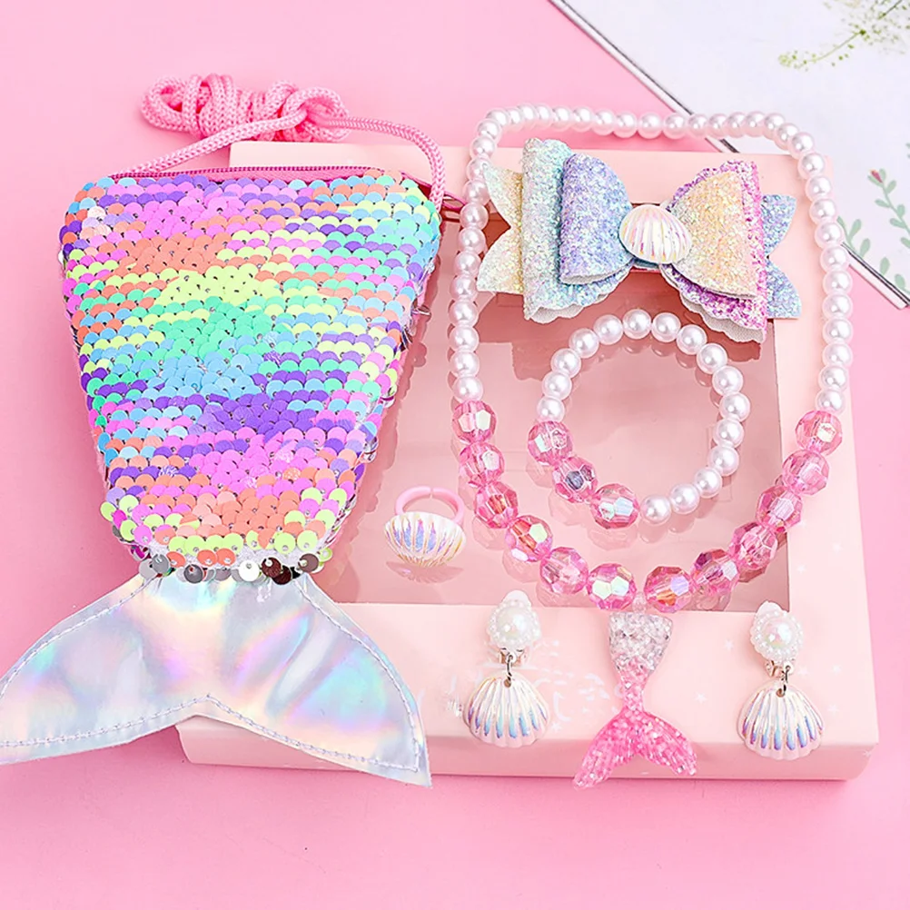 

Mermaid Theme Jewelry Set 7 Pieces Shiny Design for Girls Party Favor Necklace Bracelet Kit Cartoon Child Accessories