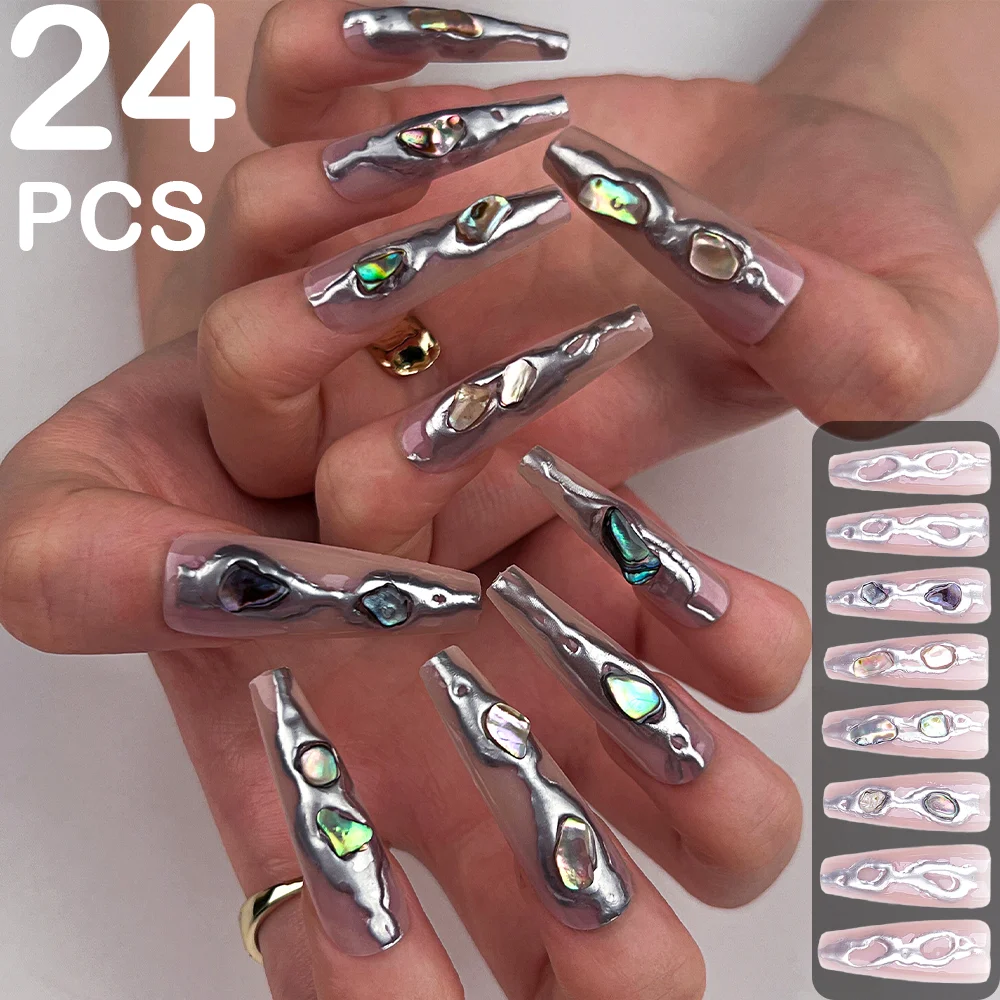 24Pcs Halloween Press On Nails Punk Y2K Girls Long Ballet Fake Nails 3D Sparkly Colored Diamond Detachable False Nails