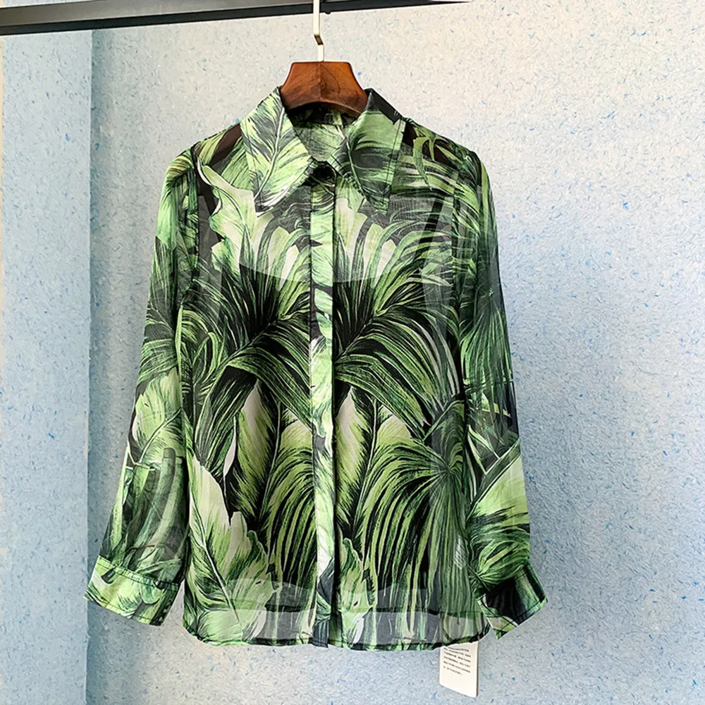 Spring Summer Europe Style Women's High Quality Leaf Print Loose Shirt Blouses C727