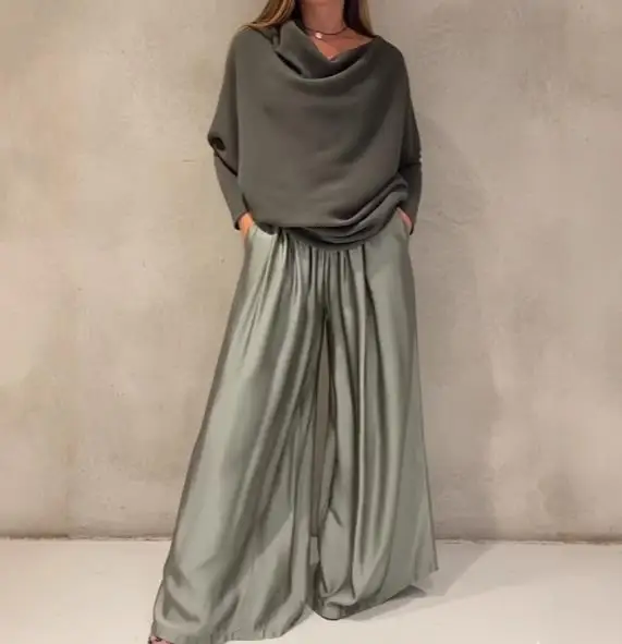 

Elegant Sexy 2 Piece Sets Womens Outfits 2026 New Elegant Off Shoulder Top and Satin Wide Leg Pants Set