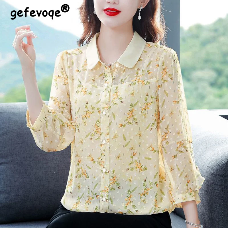 Summer Fashion Elegant Floral Printing Long Sleeve Chiffon Shirt Ladies Temperament Single Breasted Blouse Female Cardigan Top