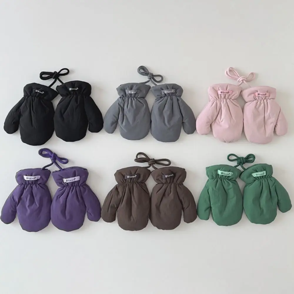 1 زوج قفازات أطفال لطيفة بلون صوف مبطن قفازات مقاومة للماء مع حزام الرقبة الحبل شتاء دافئ غطاء كامل قفاز #1