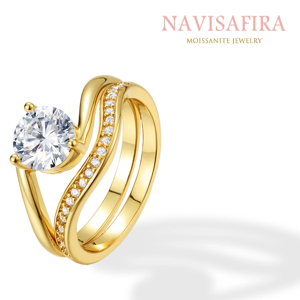 

1.2Ct S925 Gold Moissanite Double Band Ring with Zircon Accents, Elegant Wedding Set