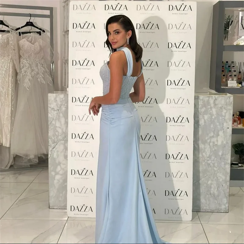 Customized Blue Beading Long Silk Scarves robes de soirée Mermaid Backless Party Dresses Floor-Length A-line Prom Dress New
