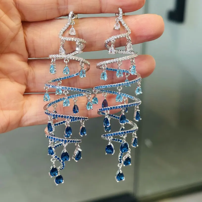 

Bilincolor Blue Cubic Zirconia Spiral Tassel Earring for Women