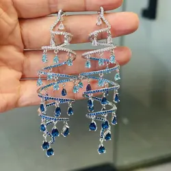 Bilincolor Blue  Cubic Zirconia Spiral Tassel Earring for Women