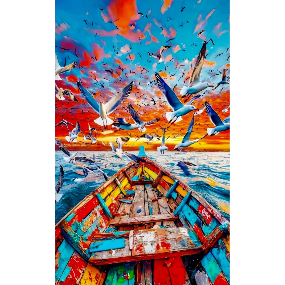 

500/1000/1200/2000 PCS Jigsaw Puzzles Seagulls Sunset Wooden Boat Scenery Family Activity Games for Bedroom Home Decor Gift