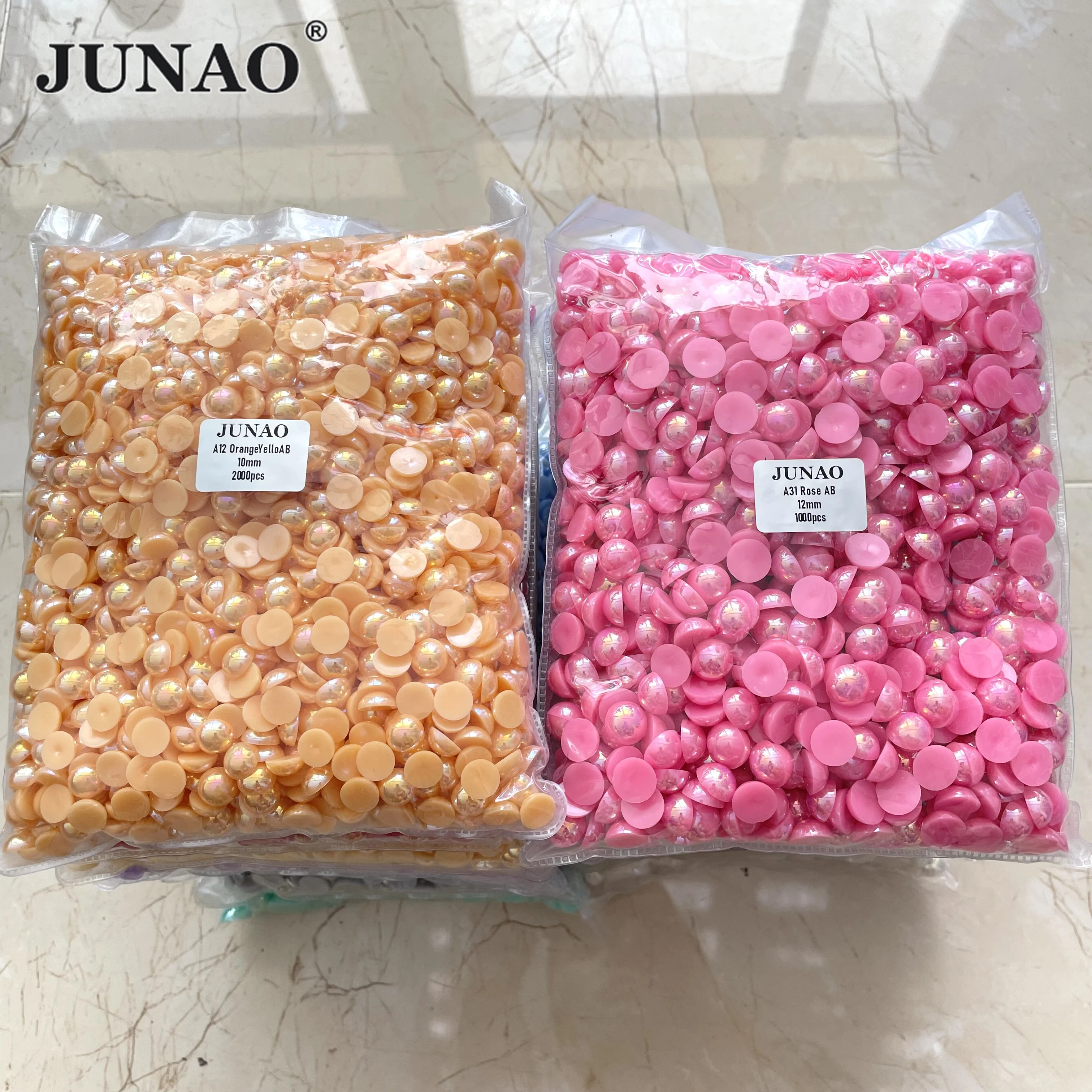 JUNAO Wholesale 2 4 6 8 10 12 14mm ABS Half Round Pearls Rhinestones Applique Flatback Beads Non Sewing Strass For Decoration