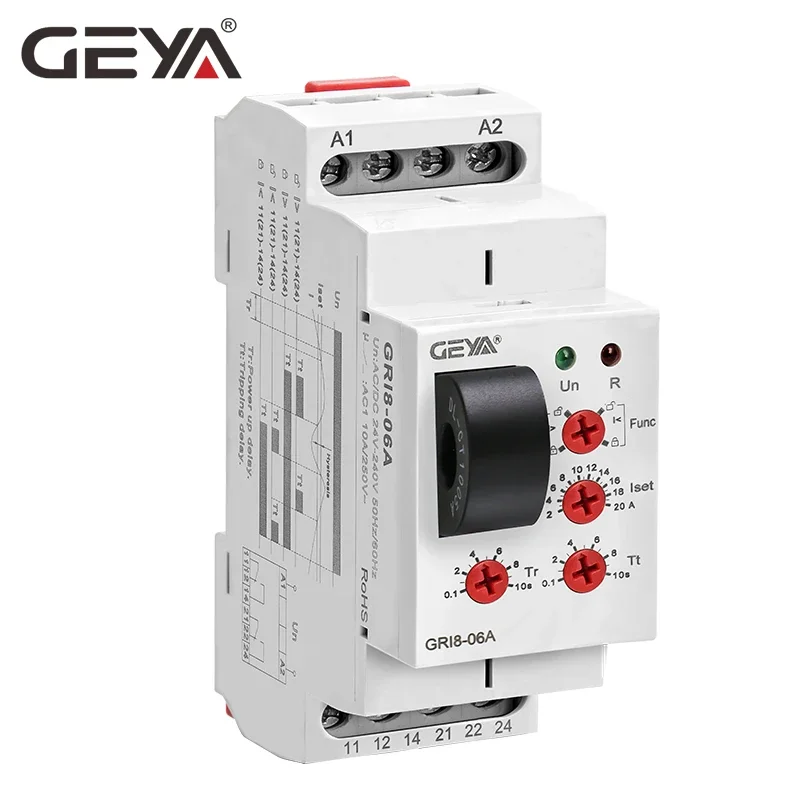 GEYA GRI8-06 AC DC Current Sensor Relay 2NO2NC 8A Current Monitoring Relay 24V-240V Wide Range Operating Voltage