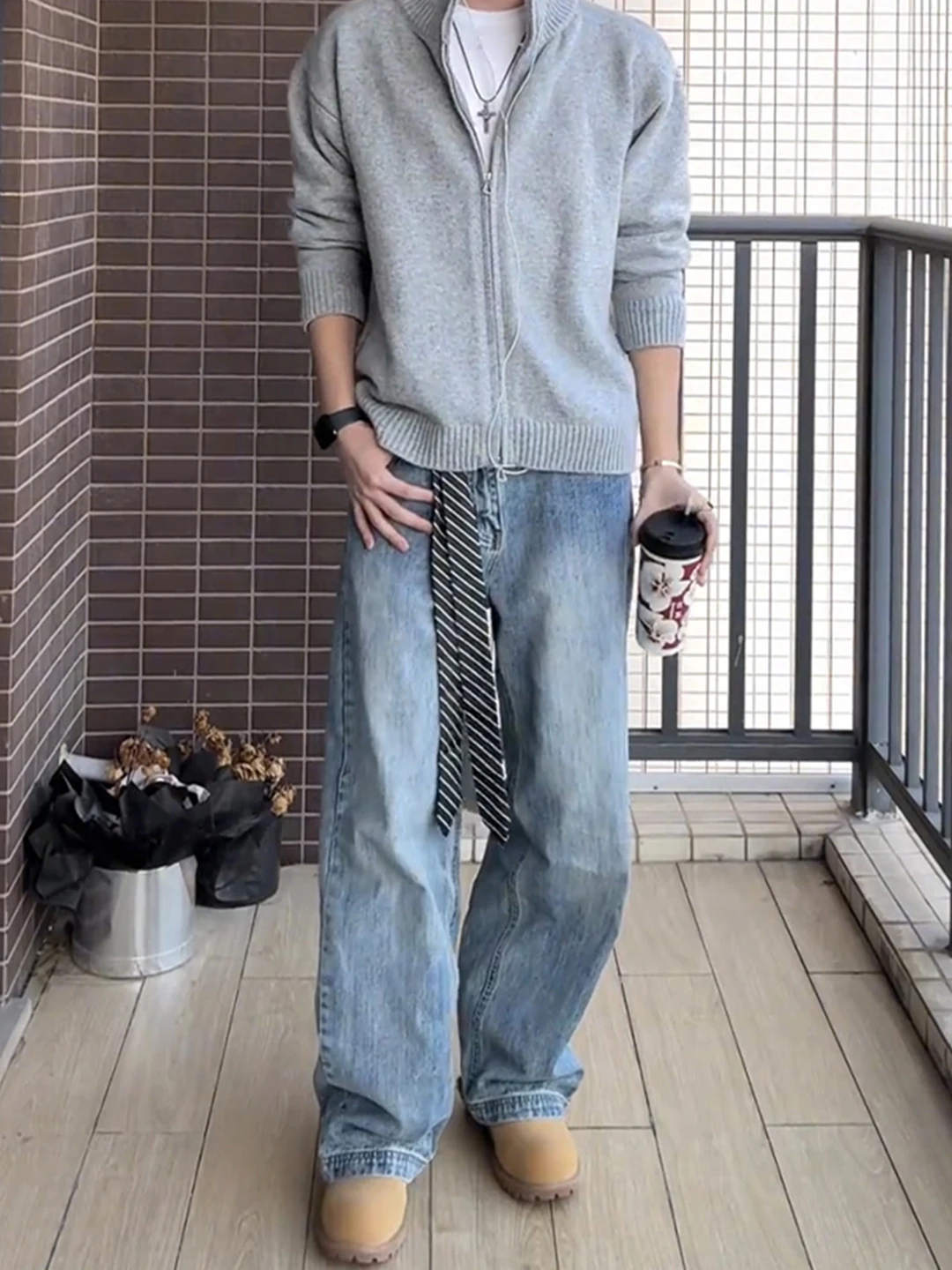 

Cleanfit Loose Wide Leg Men's Blue Denim Jeans Bamboo Texture Winter Casual Wear Teenagers High Street Vibe Trousers