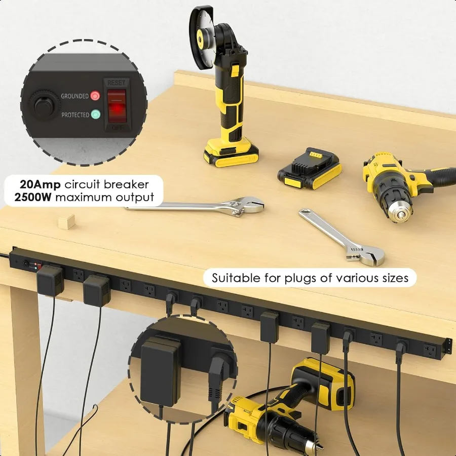 Regleta de corriente larga de Metal con 16 salidas, reglas de alta resistencia, protección contra sobretensiones 4800J con disyuntor, enchufe espaciado amplio de 20a Wal