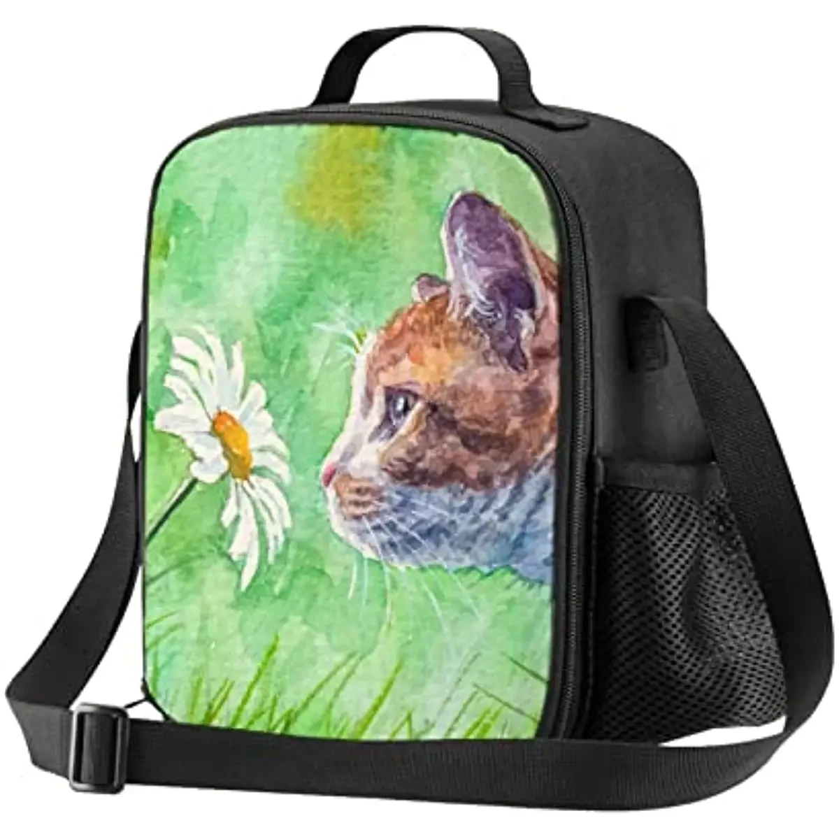 Cat Spring Flowers Kids Insulated Lunch Bag Small Cute Thermal Tote Bag with Water Bottle Holder Shoulder Strap for Teens