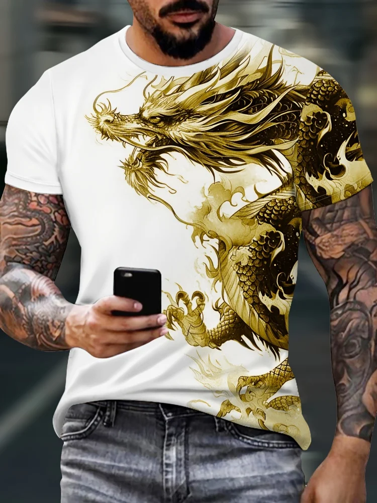 3D Dragon Print Men\'s T-Shirts Casual O Neck Pullover Street Outdoor Short Sleeve Tops Tee Outdoor Sportshirt Oversized Clothing