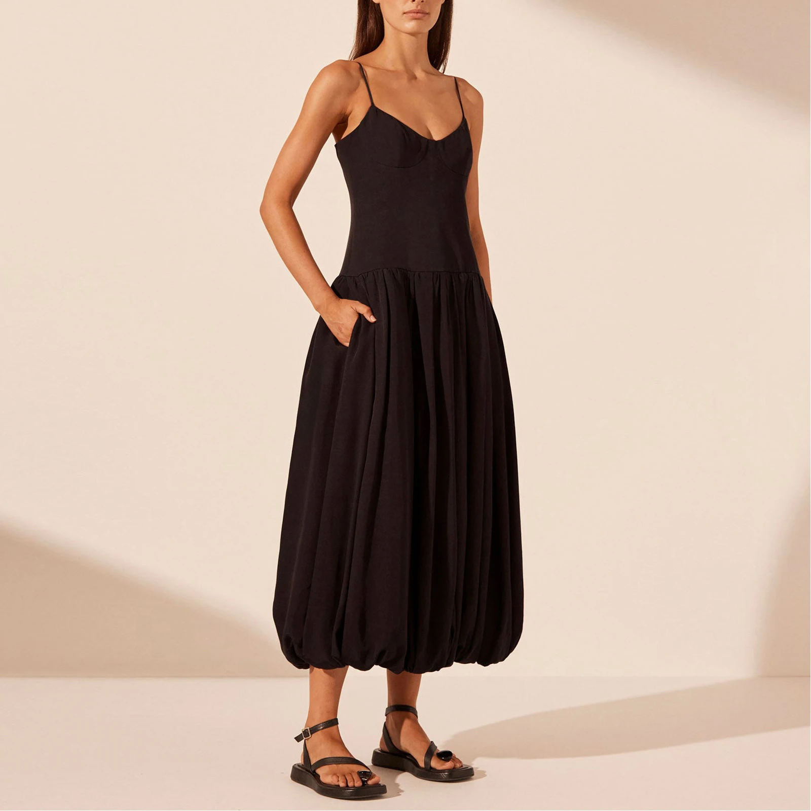 Summer Women's Elegant Cami A-Line Long Dress Solid Color Sleeveless Spaghetti Strap Backless Casual Dress