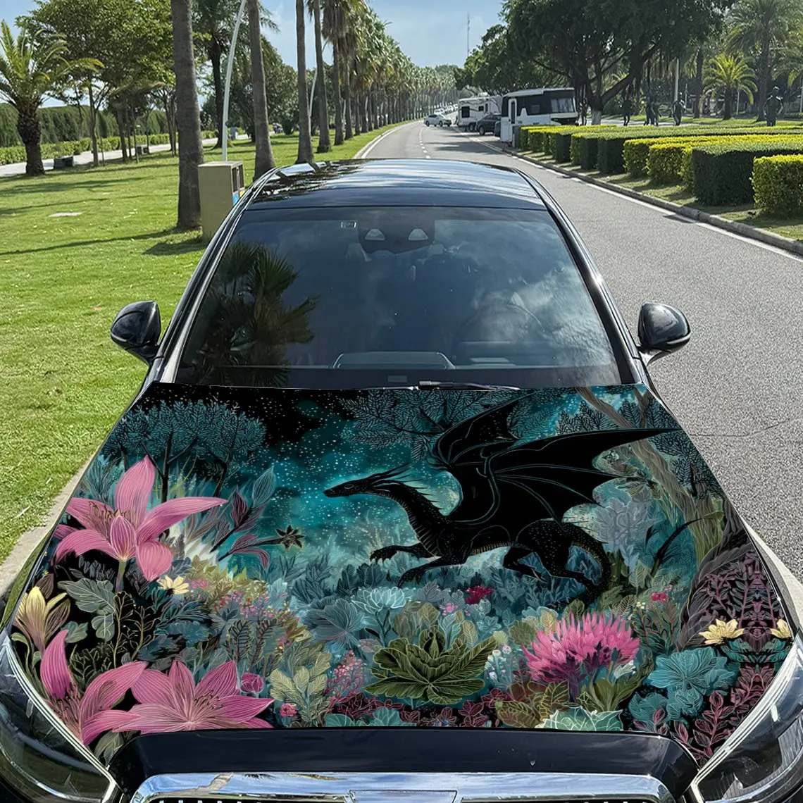 Blue Dragon and Colorful Flower Clusters Car Vinyl Wrap, PVC Material Waterproof Car Hood Sticker, Self-Adhesive Scratch-Resista