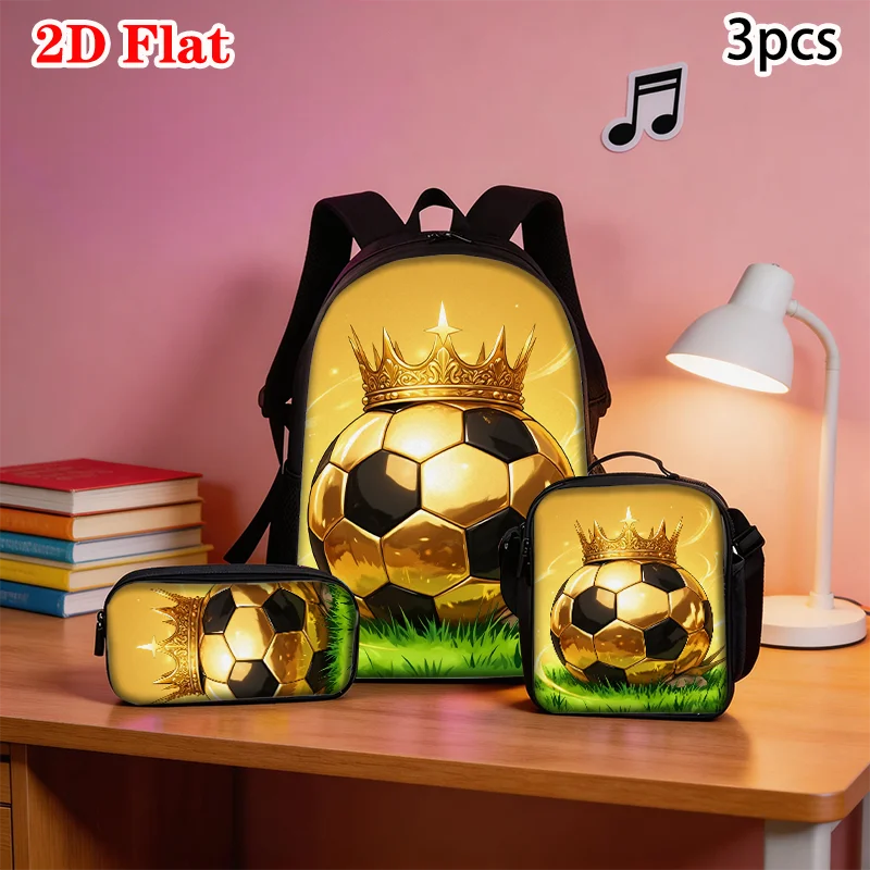 3pcs Football Crown Pattern Backpack Set Lightweight Large Capacity School Bag Travel Bag with Shoulder Bag Pencil Bag Kids Gift
