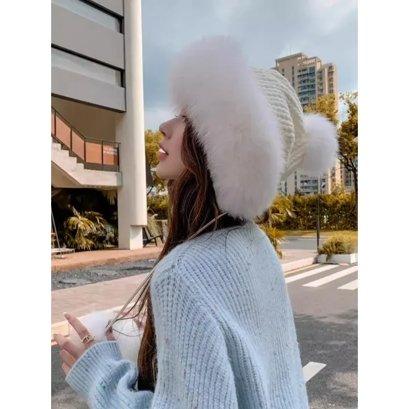 Winter new fox fur Lei Feng hat, knitted plush wool hat, sweet and cute ear protection and warm millinery hat